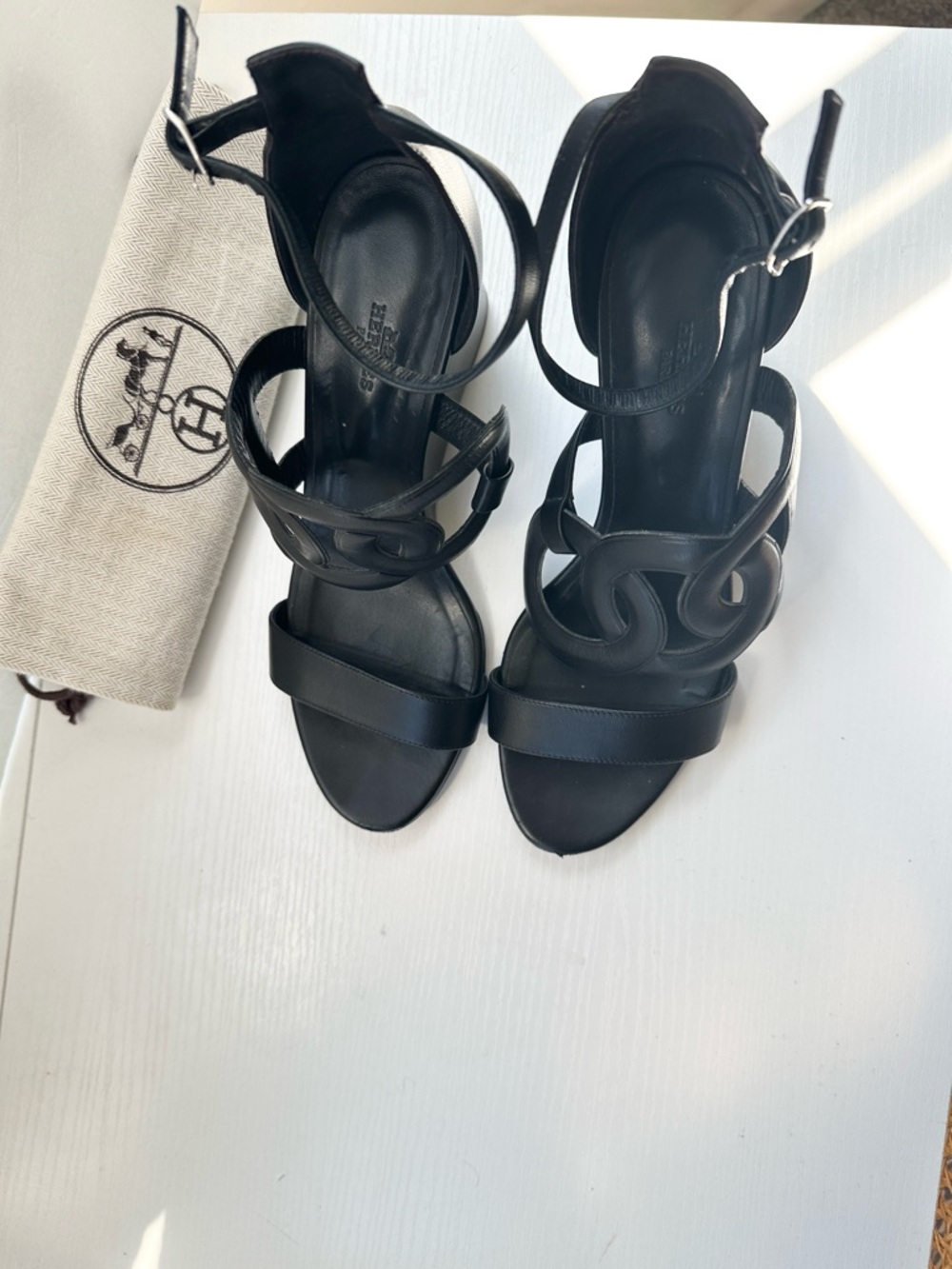 Hermes Brisbane Black Leather Ankle-Strap Wedge Sandals - Picture 12 of 12